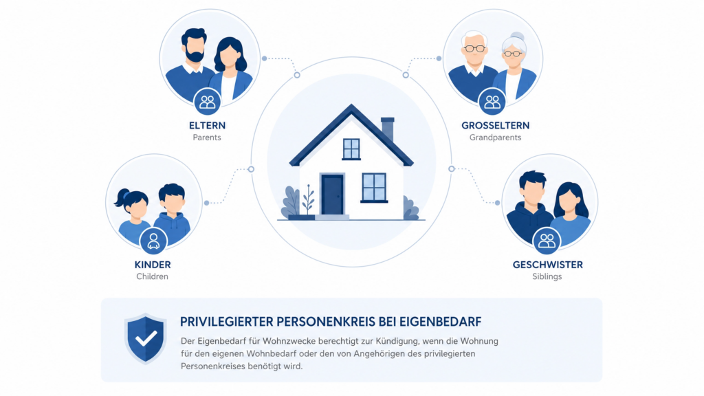Professionelle Infografik zum privilegierten Personenkreis bei Eigenbedarf: Illustration von Eltern, Großeltern, Kindern und Geschwistern, die um ein zentrales Haussymbol angeordnet sind.