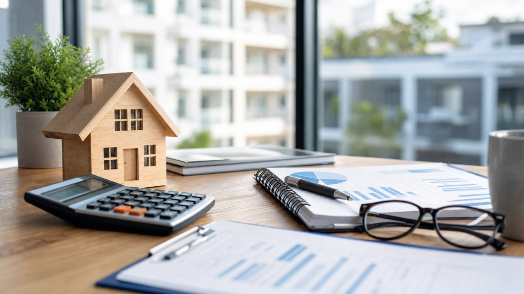 Finanz-Check für Vermieter: Professionelle Immobilien-Kalkulation mit Taschenrechner und Hausmodell auf einem Schreibtisch.