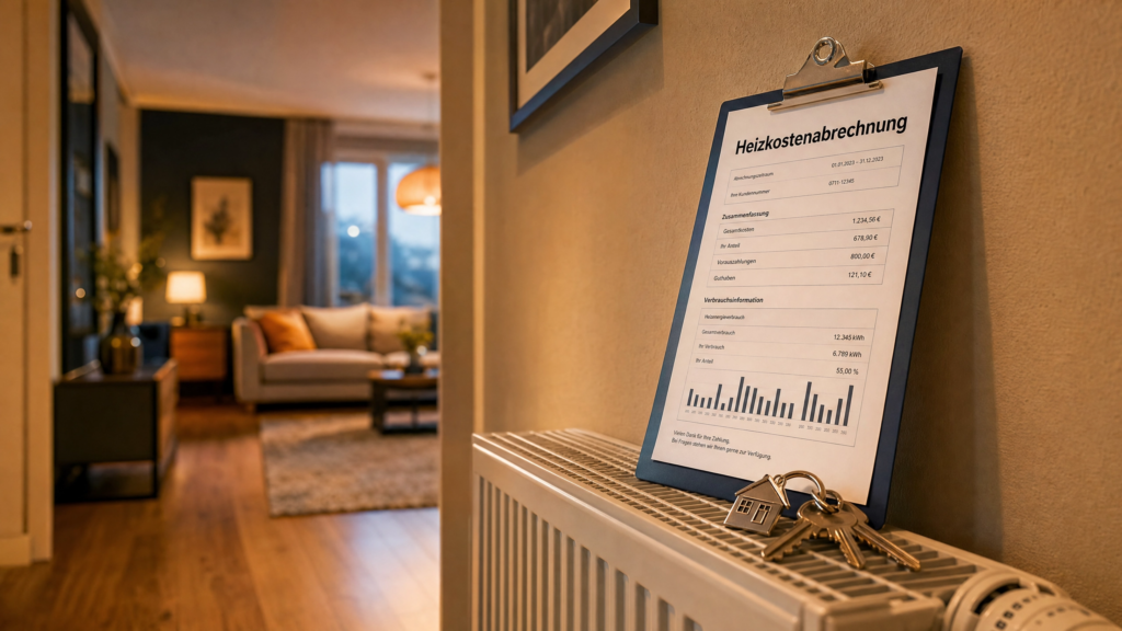 Heizkostenabrechnung auf einem Klemmbrett liegt auf einem Heizkörper, daneben Wohnungsschlüssel – im Hintergrund ein warm beleuchtetes Wohnzimmer.