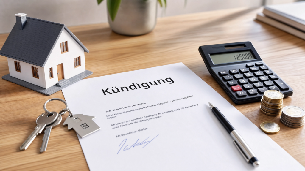 Professionelles Beitragsbild zum Thema Kündigung: Ein Hausmodell, Schlüssel, ein Taschenrechner und Euro-Münzen liegen neben einem offiziellen Kündigungsschreiben auf einem hellen Holzschreibtisch.