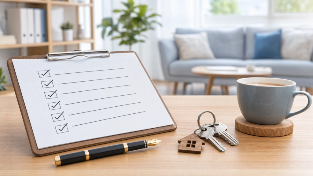 Professionelle Vermieter-Checkliste auf einem Klemmbrett mit Hausschlüsseln und Stift auf einem Schreibtisch