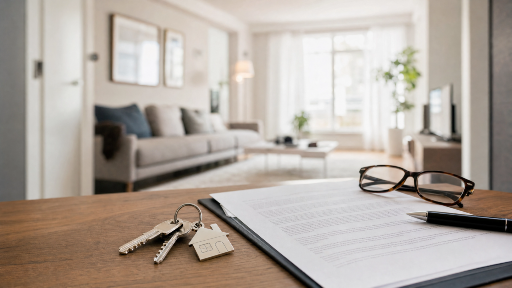 Schlüsselbund und rechtliche Dokumente zur Eigenbedarfskündigung für Vermieter in einer hellen Wohnung.