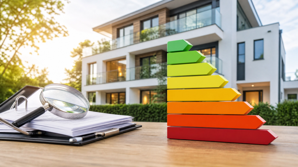 Energieeffizienz-Skala von Grün bis Rot vor einem modernen Wohngebäude mit Dokumentenmappe und Lupe – Symbolbild für den Energieausweis.