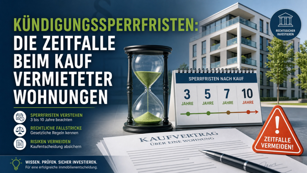 Kündigungssperrfristen beim Kauf vermieteter Wohnungen: Infografik mit Sanduhr, Apartment-Gebäude, Kalender (3-10 Jahre), Kaufvertrag und Warndreieck