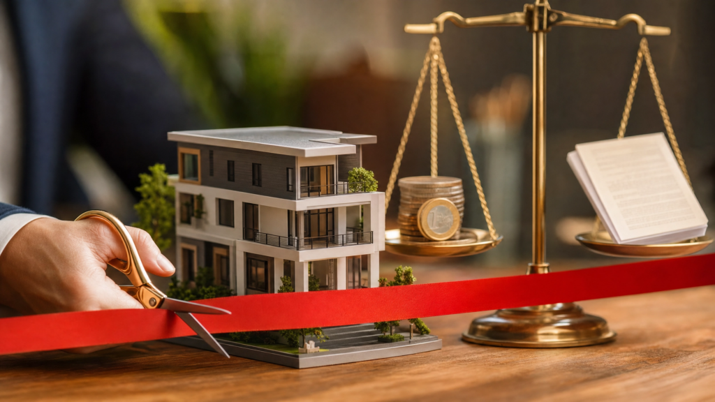 Modernes Mehrfamilienhaus mit Glasbalkonen und einem symbolischen Stoppschild mit grünem Haken – Illustration zur Ausnahme der Mietpreisbremse für Neubauten.