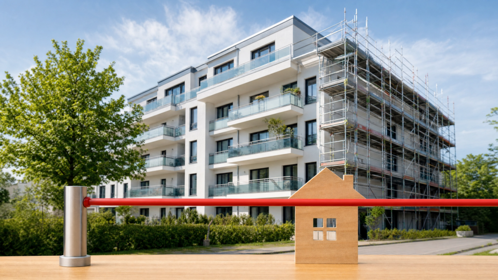 Modernes Mehrfamilienhaus mit Baugerüst zur Modernisierung und einer roten Schranke im Vordergrund als Symbol für die Mietpreisbremse.