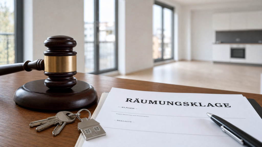 Ein professionelles Stillleben zum Thema Räumungsklage: Ein hölzerner Richterhammer, ein Schlüsselbund mit Hausanhänger und ein offizielles Rechtsdokument mit der Überschrift 'Räumungsklage' liegen auf einem Schreibtisch. Im unscharfen Hintergrund ist der helle, leere Innenraum einer modernen Wohnung zu sehen