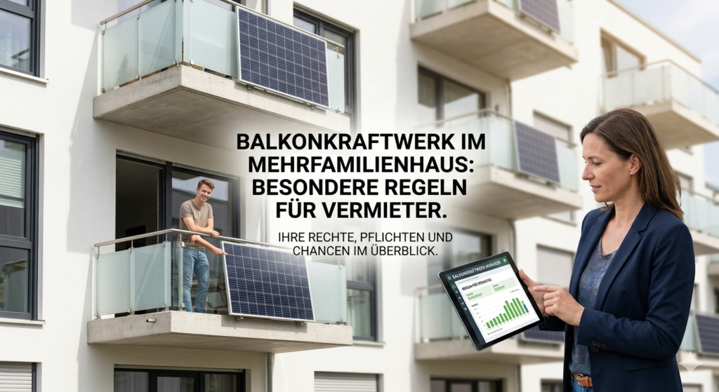 Moderne Fassade eines Mehrfamilienhauses mit Balkonkraftwerken. Im Vordergrund steht eine professionell gekleidete Vermieterin, die auf einem Tablet Statistiken prüft, während im Hintergrund ein Mieter auf seinem Balkon ein Solarpanel anbringt. Zentral im Bild steht der Text: „Balkonkraftwerk im Mehrfamilienhaus: Besondere Regeln für Vermieter. Ihre Rechte, Pflichten und Chancen im Überblick.