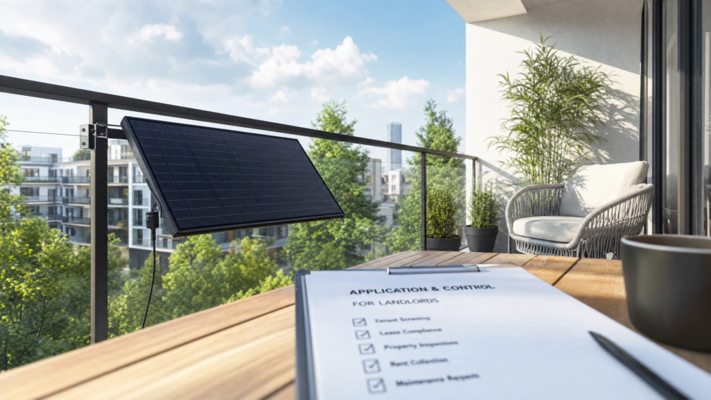 Ein sonniger, moderner Balkon mit einem installierten Balkonkraftwerk an der Brüstung. Im Vordergrund liegt ein Klemmbrett mit einer Checkliste auf einem Holztisch, was die Prüfung und Genehmigung durch den Vermieter symbolisiert.