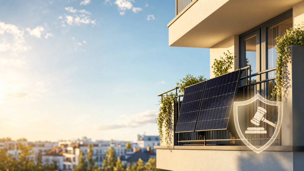 Balkonkraftwerk mit zwei schwarzen Solarpanelen auf einem modernen Balkon im Sonnenlicht, mit einem Schild- und Richterhammer-Symbol als Hinweis auf rechtliche Haftung und Versicherungsschutz.
