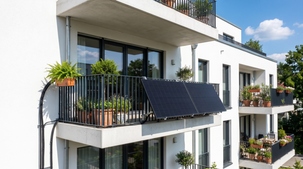 Modernes weißes Mehrfamilienhaus mit einem Balkonkraftwerk, bestehend aus zwei schwarzen Solarmodulen, die sicher an der dunklen Metallbrüstung eines Balkons befestigt sind. Die Szene ist sonnig und wird durch grüne Balkonpflanzen ergänzt.