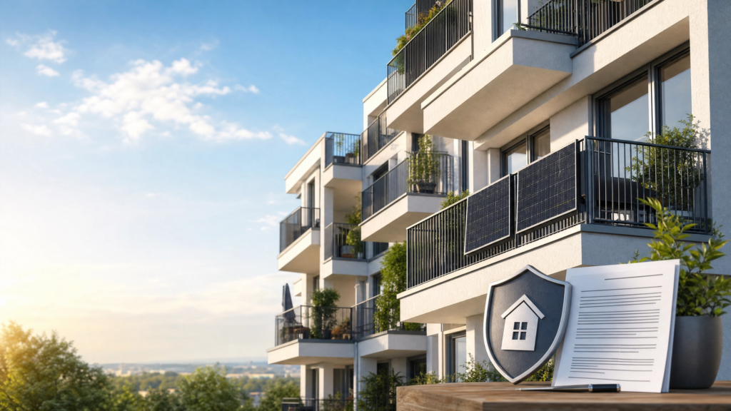 Das Bild zeigt ein modernes Mehrfamilienhaus mit einem Balkonkraftwerk an der Balkonbrüstung. Im Vordergrund sind ein Haus-Schutzschild und ein Vertragsdokument platziert — als klare visuelle Metapher für Gebäudeversicherung und Vermieter-Pflichten. Die linke Bildhälfte mit dem hellen Himmel bietet ausreichend Platz für eine optionale Textüberlagerung mit dem Blogtitel.