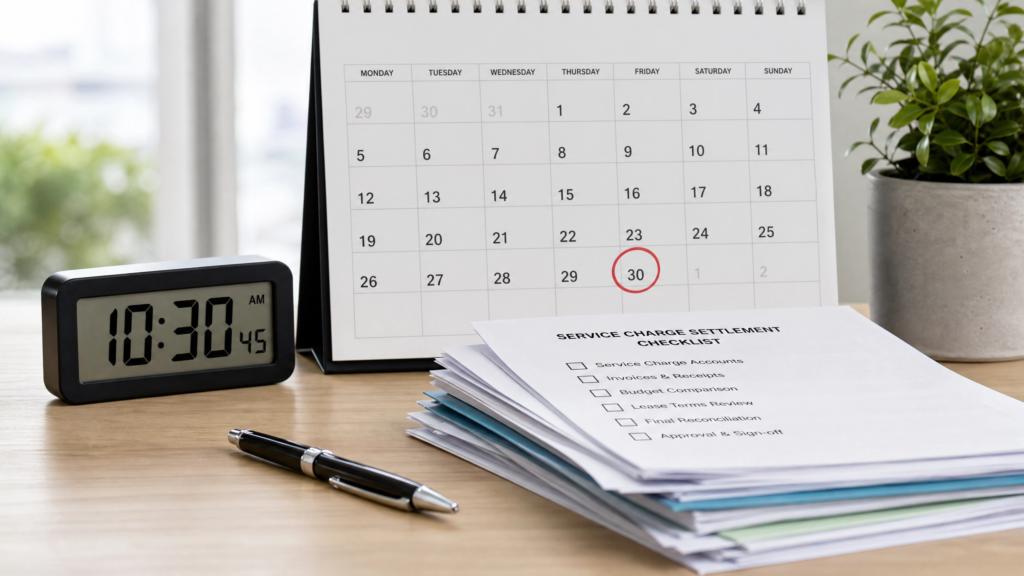 Ein Kalender auf einem Schreibtisch, auf dem ein Datum rot markiert ist, daneben eine Uhr und ein Stapel Dokumente mit einer Checkliste für die Nebenkostenabrechnung.