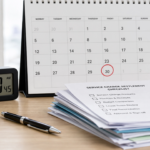 Ein Kalender auf einem Schreibtisch, auf dem ein Datum rot markiert ist, daneben eine Uhr und ein Stapel Dokumente mit einer Checkliste für die Nebenkostenabrechnung.