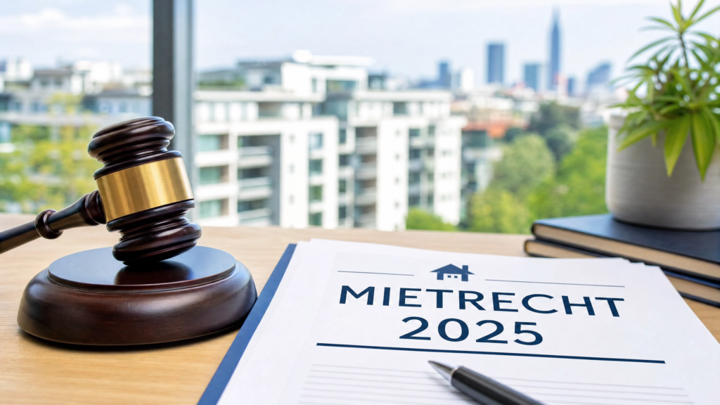 Ein hölzerner Richterhammer liegt neben einem Dokument mit der Aufschrift „MIETRECHT 2025“ auf einem Schreibtisch, im Hintergrund eine unscharfe moderne Stadtkulisse.