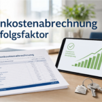 Ein professionelles Beitragsbild mit dem Titel „Nebenkostenabrechnung als Erfolgsfaktor“. Zu sehen ist ein moderner Schreibtisch mit einer übersichtlichen Abrechnung, einem Tablet mit Erfolgskurve und einem Schlüsselbund.