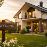 Ein modernes Einfamilienhaus in der Abendsonne mit einem hölzernen Schild im Vordergrund, auf dem „ZU VERKAUFEN“ steht.