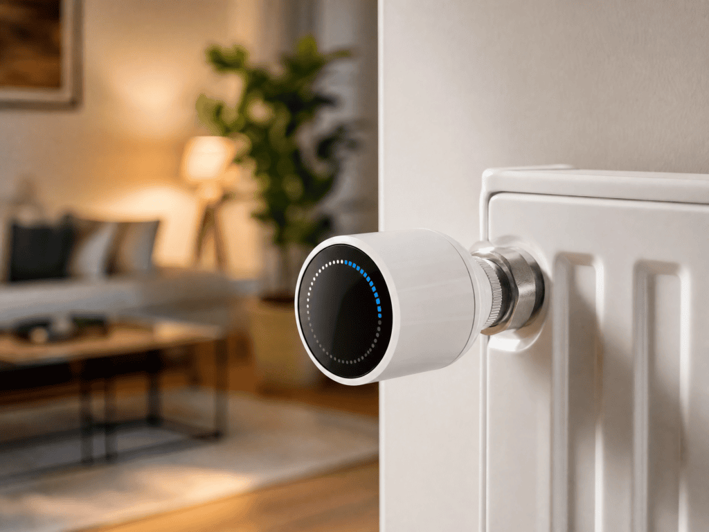 Ein modernes weißes digitales Heizkörper-Thermostat mit einem kreisförmigen blauen LED-Leuchtring, montiert an einem weißen Heizkörper in einem gemütlich beleuchteten Wohnzimmer.