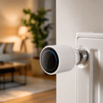 Ein modernes weißes digitales Heizkörper-Thermostat mit einem kreisförmigen blauen LED-Leuchtring, montiert an einem weißen Heizkörper in einem gemütlich beleuchteten Wohnzimmer.