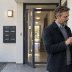 Vermieter prüft mit einem Tablet die Stromzähler im Eingangsbereich eines Mehrfamilienhauses.
